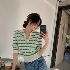 綠色條紋縷空POLO領針織衫 短袖 上衣, 1個, 綠色條紋,XL 建議115-125斤