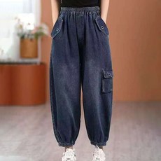 ORZQU 봄 여성 밴딩 조거 배기팬츠 캐주얼 문예 데님 팬츠