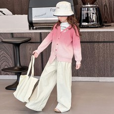 女童針織漸變開衫外套，春秋新款慵懶風兒童毛衣