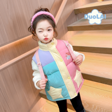 세븐스타AD6217여아 키즈 주니어 겨울 가을 봄 고퀄 면혼방 퀄팅 누빔 솜혼방 다운패딩 자수 하이넥 무지개 배색 집업 루즈핏 조끼 베스트 경량 소프트 방한 보온 데일리룩