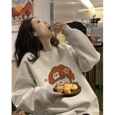 印花圓領衛衣 奶fufu加絨加厚長袖上衣 小眾灰色設計感