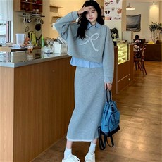 SAHINER 여성 투피스 세트 셔츠 레이어드 맨투맨 스커트 캐주얼 데일리 봄가을 ATZ14