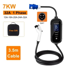휴대용 EV 충전기 타입 2 1 CEE 플러그 월박스 케이블 자동차 고속 7KW 상, type1 7KW 3.5m Cable, 1개