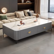 강화 유리 거실테이블 레일 서랍형 소파테이블, 그레이