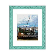 WYNCO 20.3x25.4cm(8x10인치) 디스트레스드 우드 엠보싱 스크롤 모티프 빈티지 앤티크 러스틱 픽처 프레임 12.7x17.8cm(5x7인치) 사진용 화이트 매트, 11 x 14 in, 터키석 블루