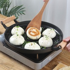 木柄鑄鐵平底鍋 雙耳烙餅鍋 無塗層 鏊子 傢用水煎包鍋 攤煎餅果子工具, 1個, 單鍋/沒工具,雙木把30多用煎鍋