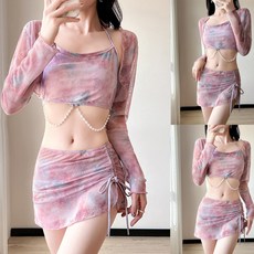 分體四件套泳衣女 遮肚顯瘦 沙灘度假溫泉比基尼泳裝 流蘇設計, 86189粉色,S【適合40.0-47.5公斤】