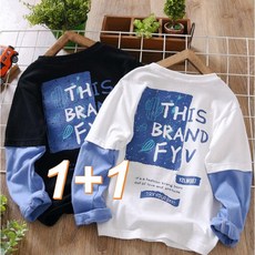 1+1 봄가을 주니어 가짜 투피스 면 긴팔 티셔츠 남아 레터링 긴팔티 초등생 라운드 이너티