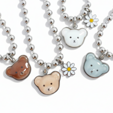 [무료배송][무료각인] 크리스탈 베어 미아방지 목걸이 팔찌 세트 가능 써지컬스틸, 기본체인 아동용, 탄생석5월, 1개
