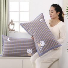 純棉枕套 紗布全棉枕頭套 按扣兒童學生 加厚透氣家用枕芯套, 卡拉貓灰藍白, 單條裝