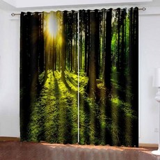 리르진 침실 블랙아웃 커튼 90인치 길이 열 차단 창문 커튼 아이렛 선샤인 포레스트 풍경 창문 장식 거실용 그린 옐로우 42 x 90인치 2