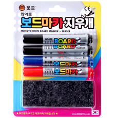 문교 보드마카 4개+지우개 세트, 블랙2,블루1,레드1, 1팩