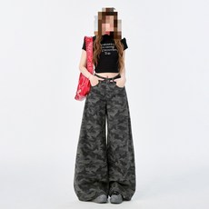 해피유통 여성 와이드 레그 하이웨스트 카모 플레어 진 캐주얼 데님 팬츠