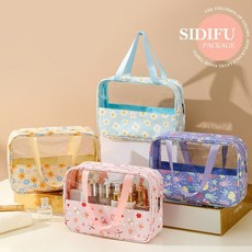 防水收納包W9B，PVC手提拼接半透明大容量PU防水洗浴化妝包, 印花粉色（蝶戀花）,雙手提大號／約寬30*高21*底10cm