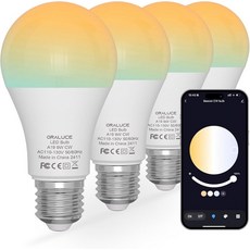 오랄루체 LED 리모컨 전구 60와트 등가 디밍 가능한 2700-650만 개 E26 베이스 램프용 A19 블루투스 스마트 전구 침실 포함 4팩, 4 Pack with Remote