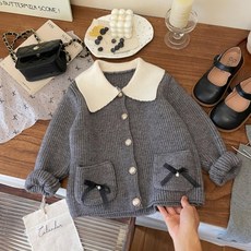 구빠방 아동 카라 니트 포켓 리본 가디건
