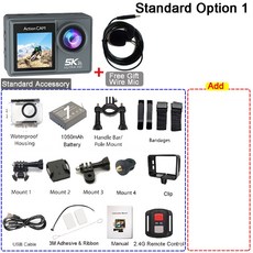 5K 4K60FPS 액션 카메라 듀얼 IPS 터치 LCD DVR EIS 170 무선 마이크 리모콘이 30M 방수 5배 스포츠 메뉴, Standard Option 1, Screen 1