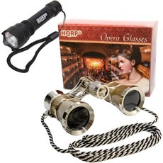 HQRP 극장 세트: 3개 25K 골든 오페라 글라스(크리스탈 클리어 옵틱 CCO) 은색 트림 및 목걸이 체인 + 전문가용 컴팩트 초고광 플래시라이트, HQRP 극장 세트: 3개 25K 골든 오페라 글라스(