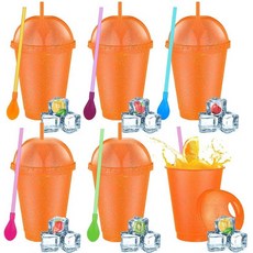 Ninehaoou 돔 뚜껑과 빨대가 있는 슬러시 컵 6세트 탈착식 스푼 빨대 재사용 가능한 플라스틱 아이스 커피 스무디 텀블러 생일 여름 파티 용품(라이트 색상 709., 16 oz, 주황색