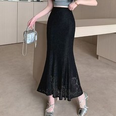 레이스 펀칭 피쉬테일 스커트 봄여름 하이웨이스트 밴딩 허리 힙을 감싸는 A라인 롱 스커트