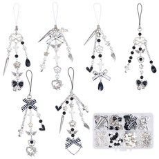 SUNNYCLUE 1박스 DIY 6세트 휴대폰 참 만들기 키트 고딕 하트 참 할로윈 블랙 스타 플라워 윙 크로스 스타 나비 매듭 고스 핸드폰 스트랩 참 주얼리 제작 키트 스타터, SUNNYCLUE 1박스 DIY 6세트 휴대폰 참 만들