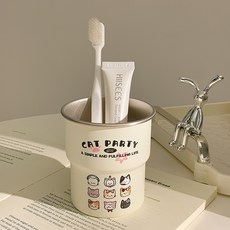 小貓高級卡通家族漱口杯高顏值情侶家用家庭裝刷牙杯學生不鏽鋼杯, 1個, 小貓洗漱杯-米白:301-400ml