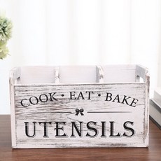 木製仿舊收納盒 廚房餐具筷勺整理盒 手提刀叉分類儲物盒 西餐廳適用, 做舊白, 1個