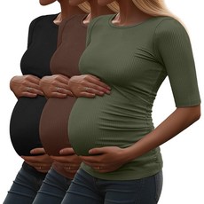[ 1111793 ] 리이퍼 3팩 여성용 임산부 면 티셔츠 골지 반소매 튜닉 라운드넥 사이드 주름 장식 탑 캐주얼 의류 블랙 커피 연한 아미 그린 M