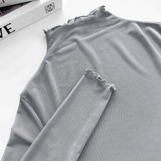 立領透膚網紗捲邊長袖上衣 木耳荷葉邊打底內搭薄長袖上衣女