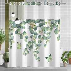 Xiazhilaio 후크 없는 식물 샤워 커튼 및 라이너 세트 180.3 x 188.9cm(71 74인치) - 녹색 잎 흰색 꽃과 나비 패턴 현대적인 욕실 장식용 메시 탑이