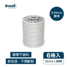 Excell 超黏透明文具膠帶 18mm x 36M 0.04mm 膠厚, 1個, 6捲36M文具膠帶