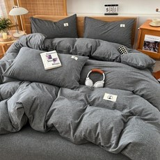 A類全棉水洗棉色織四件套 復古條紋 純棉學生宿舍裸睡套件, 素色風格-灰,48*74cm枕套2只