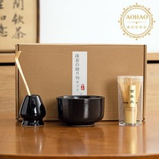 AOHAO 말차 도구 4/6PCS 세트 Matcha Whisk 차선 다완 차선립, 4세트, 밝은 블랙 4PCS