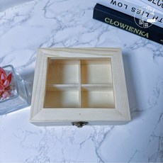 木質玻璃蓋收納盒，手作風格木製首飾盒，玻璃上蓋分隔收納，耳環戒指項鍊適用，飾品展示分隔收納, 1個, 有蓋四格