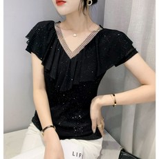 브이넥 프릴 여성 라인댄스 상의 반짝이 댄스복, 블랙