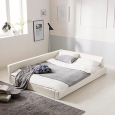 젠티스 스너그온 저상형 낮은 PU 가죽 패밀리 침대 프레임, 아이보리화이트
