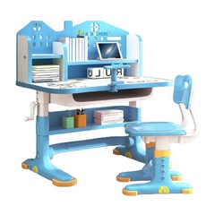 HAIX CHENG 兒童書桌椅 手搖升降學習桌 多功能分區收納 太空藍 適用3至18歲, 手搖升降-太空藍(含桌椅書架 送矯正器)