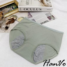 HanVo 純棉生理褲 中高腰透氣親膚少女內褲, 花果綠
