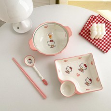 고양이 캐릭터 가정용 도자기 식기 세트, 즉석 국수 그릇 + 만두 접시 + 수저