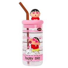 StarR 크레용 신짱 밀크푸딩 빨대 유리 콜드컵 680ml, 1개, 사랑 스타일 1개, 사랑 스타일