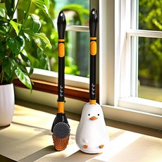 多功能馬桶刷組 壁掛式無死角清潔廁所長柄潔廁刷, 1個, 黑色卡通萌鴨噴液多功能馬桶刷【一套】