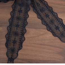 黑色花卉刺繡蕾絲飾帶 波浪邊緣