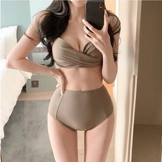 性感扭結高腰比基尼泳衣套裝，小胸聚攏顯瘦，海灘溫泉必備
