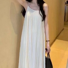 플리츠 끈 원피스 여성용 롱 나시 드레스 여름 데일리 캐주얼 주름 디자인 상의