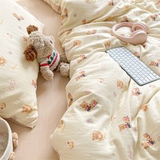春日小清新 | A類嬰兒級雙層紗全棉四件套田園花卉被套牀單三件套, 麪包熊【A類全棉雙層紗】