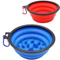 여행용 힝킹 캠핑을 위한 대형 접이식 강아지 그릇 2가지 사이즈 휴대용 실리콘 그릇 2팩(963.9g(34온스) + 354.9ml(12온스)) 느린 수유 기능이 있는 접이식, 블루+레드