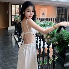 트임 롱 원피스 백리스 휴양지 바캉스 해변 휴가 비치, 화이트 소프트