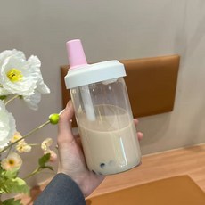 高顏值韓式大容量隨行吸管塑料杯耐熱便攜ins風水杯奶茶杯, 1個, 1L, 粉色-500ml:玻璃款