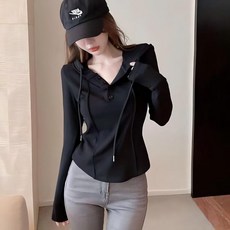 Couchsurfing 여성 단추 브이넥 언발란스 후드 긴소매 티셔츠 8990