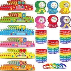 CUUSNNY 90피스 100일 학교 파티 선물 행복한 100th Day of School 종이 크라운 모자 실리콘 팔찌 스티커 교실 축하 용품 114879, CUUSNNY 90피스 100일 학교 파티 선물, 행복